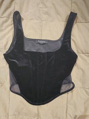 Velvet Corset Tank with Mesh Insets - Black